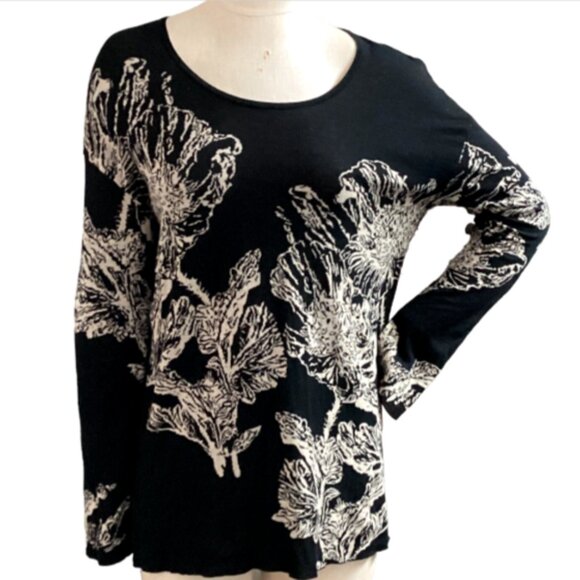 J Jill Black & Tan Graphic Floral Cotton Oversize Tunic Sweater Missy M #73i - Picture 1 of 9